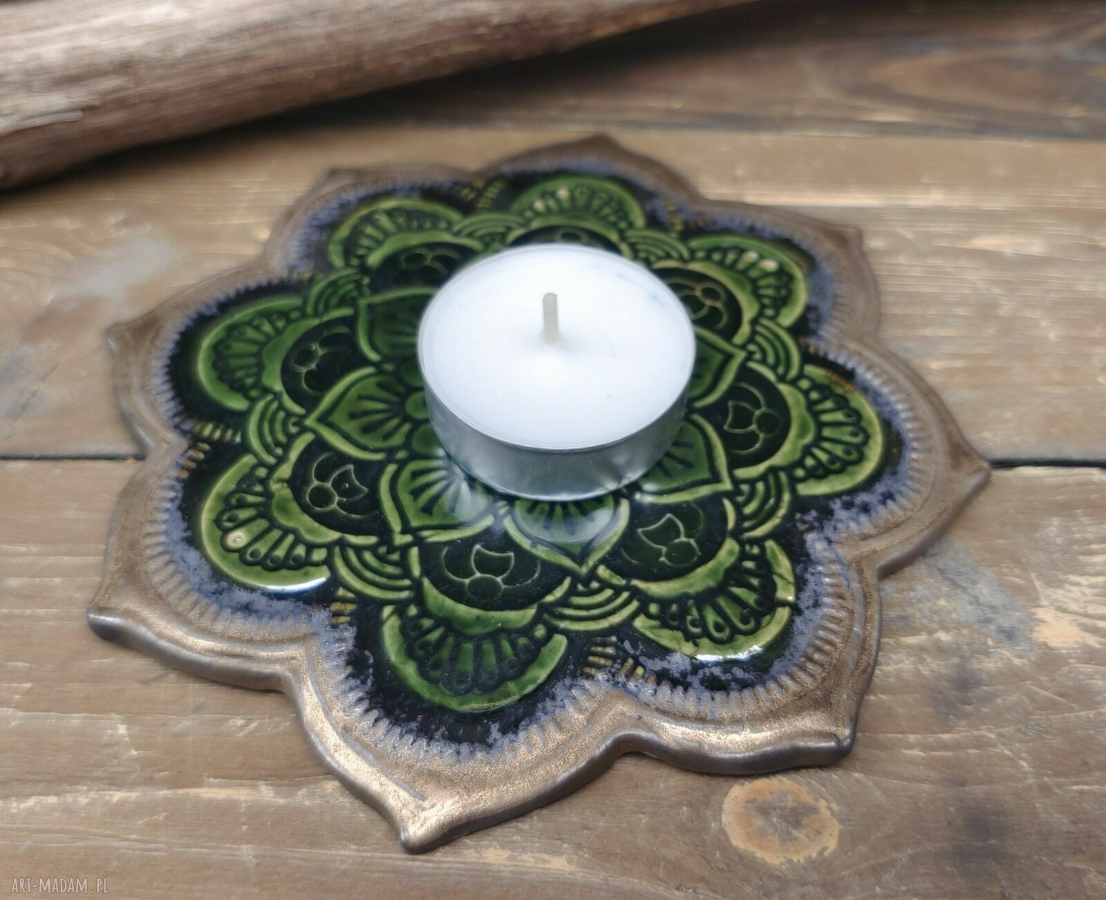Ceramiczna podstawka na świecę mandala (c908) - butelkowa zieleń i stare złoto