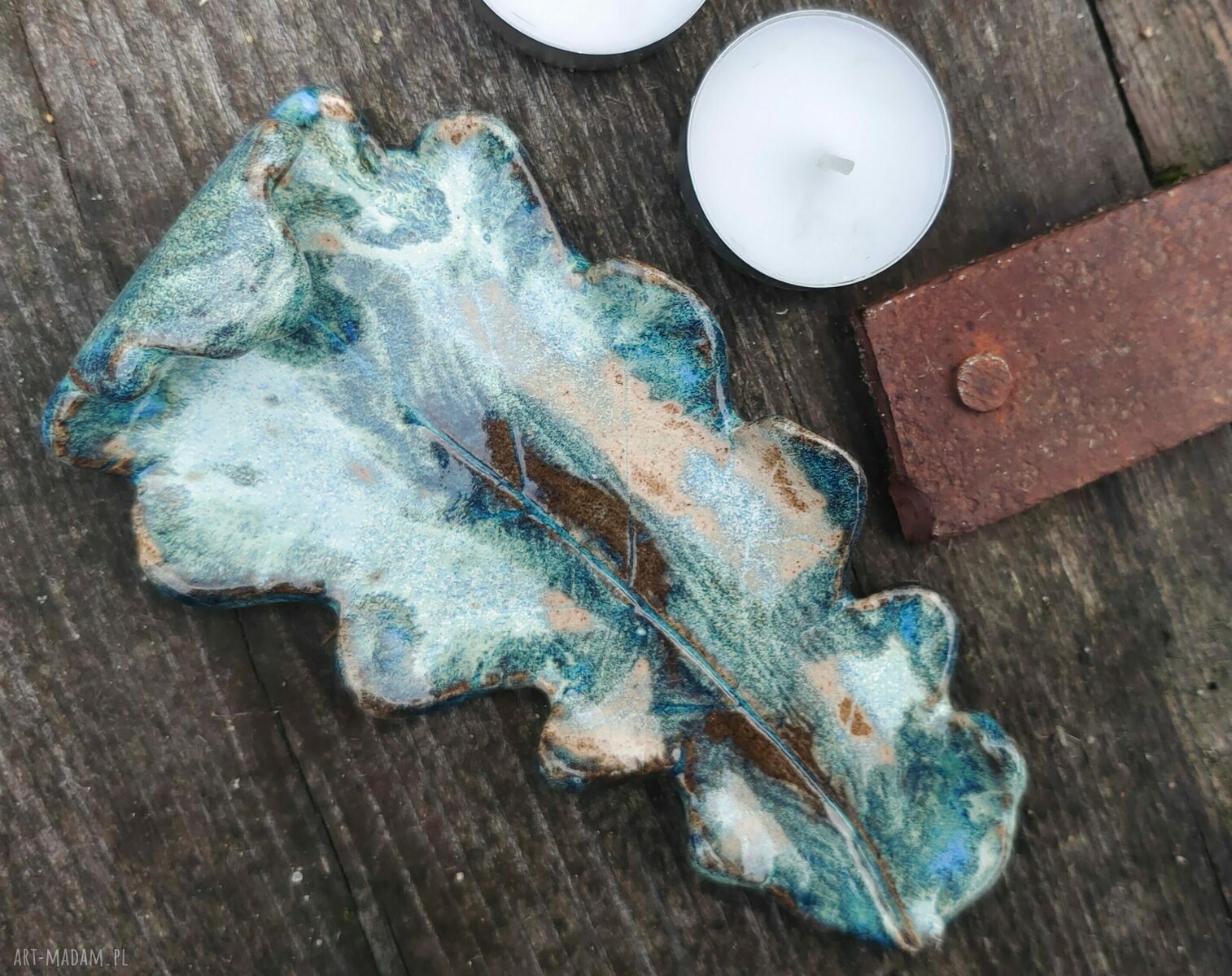 Ceramiczna podstawka liść dębu na tealighty - prezent dla niej