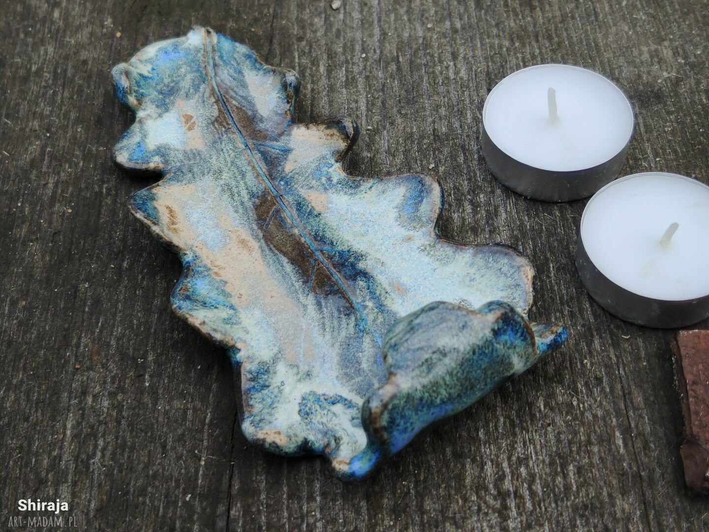 Ceramiczna podstawka liść dębu na tealighty - prezent dla niej