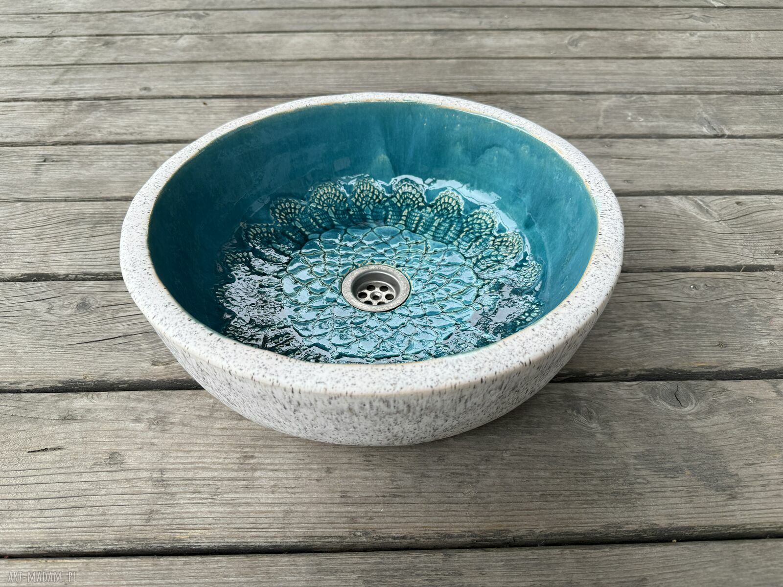 Umywalka ceramiczna nablatowa Um67 - ręcznie robiona, turkusowe wnętrze