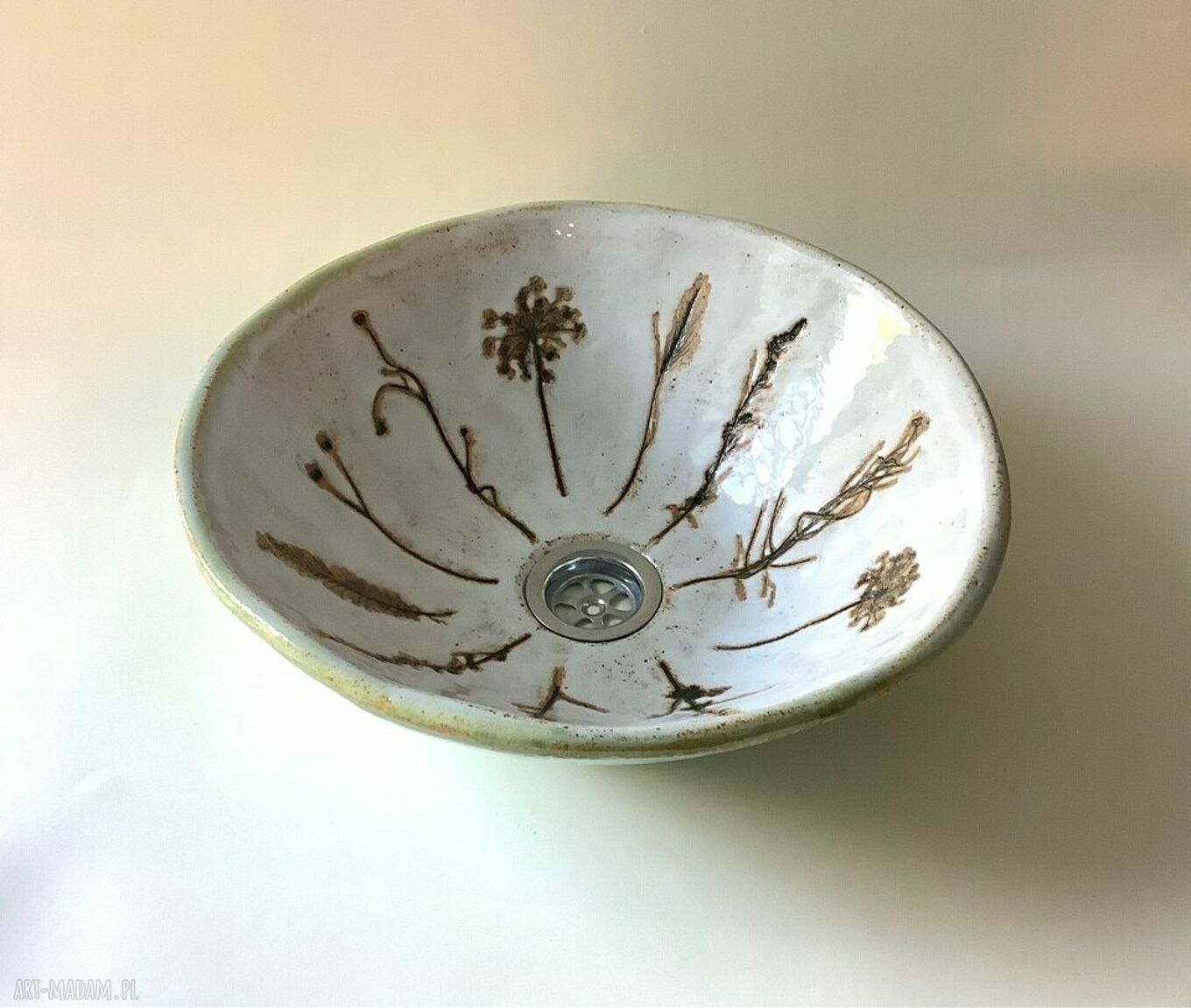 Umywalka ceramiczna „Łąka” - ręcznie robiona z odciskami roślin (nablatowa)