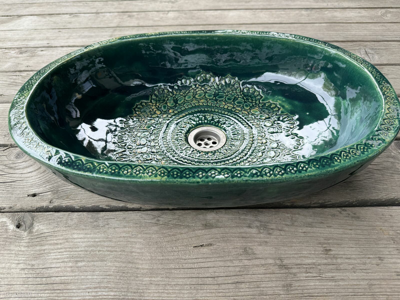 Umywalka ceramiczna owalna z koronkami w butelkowej zieleni - nablatowa