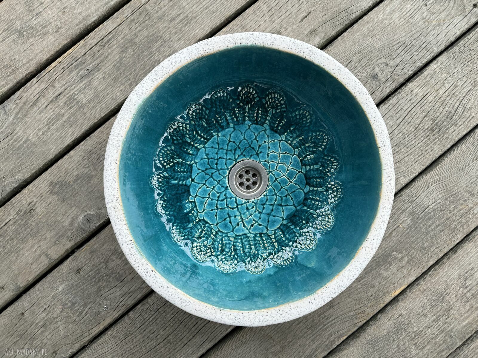 Umywalka ceramiczna nablatowa Um67 - ręcznie robiona, turkusowe wnętrze