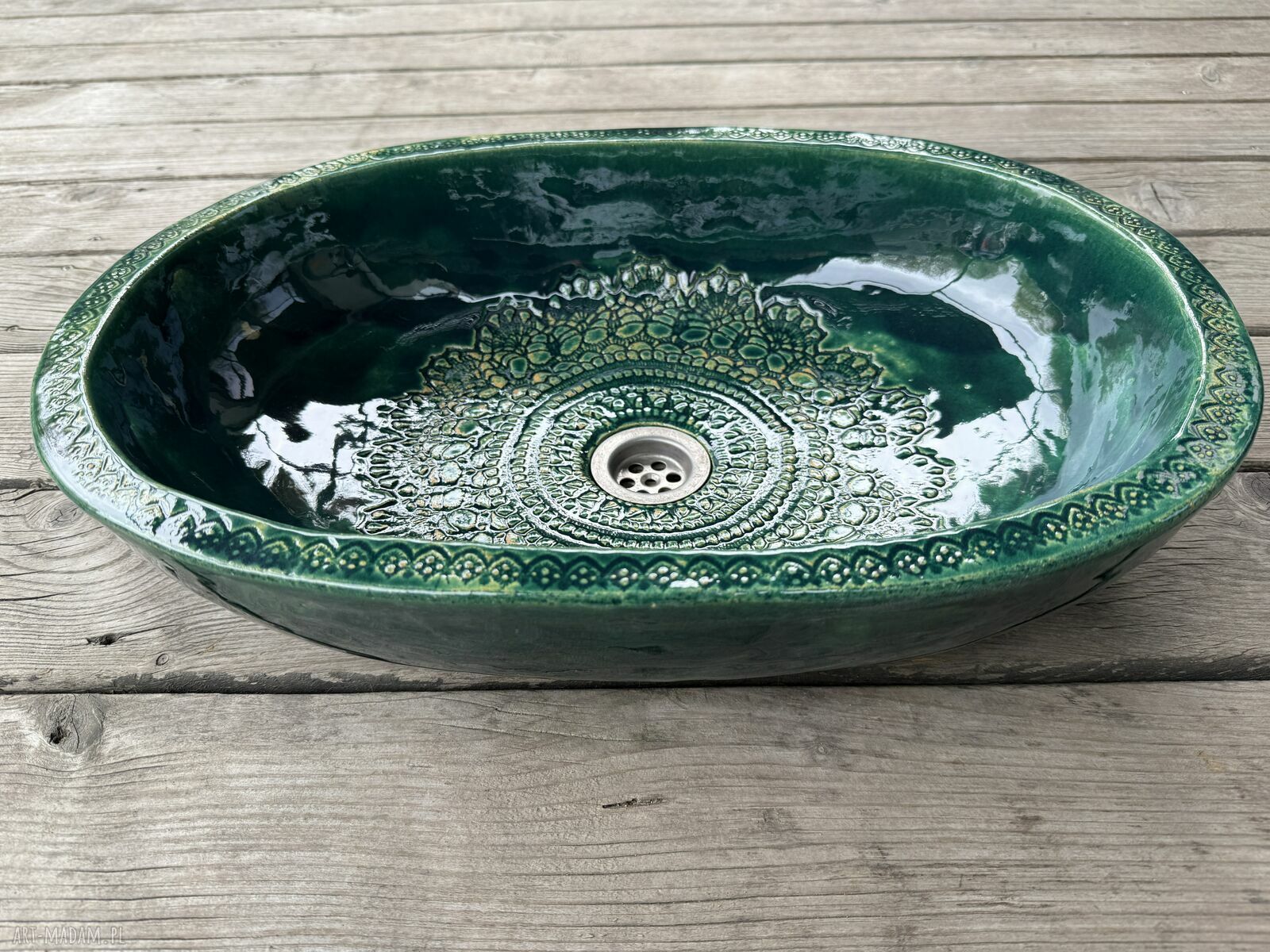 Umywalka ceramiczna owalna z koronkami w butelkowej zieleni - nablatowa