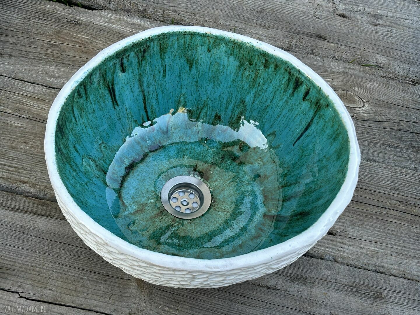 Umywalka ceramiczna biało-turkusowa - ręcznie zdobiona sgraffito