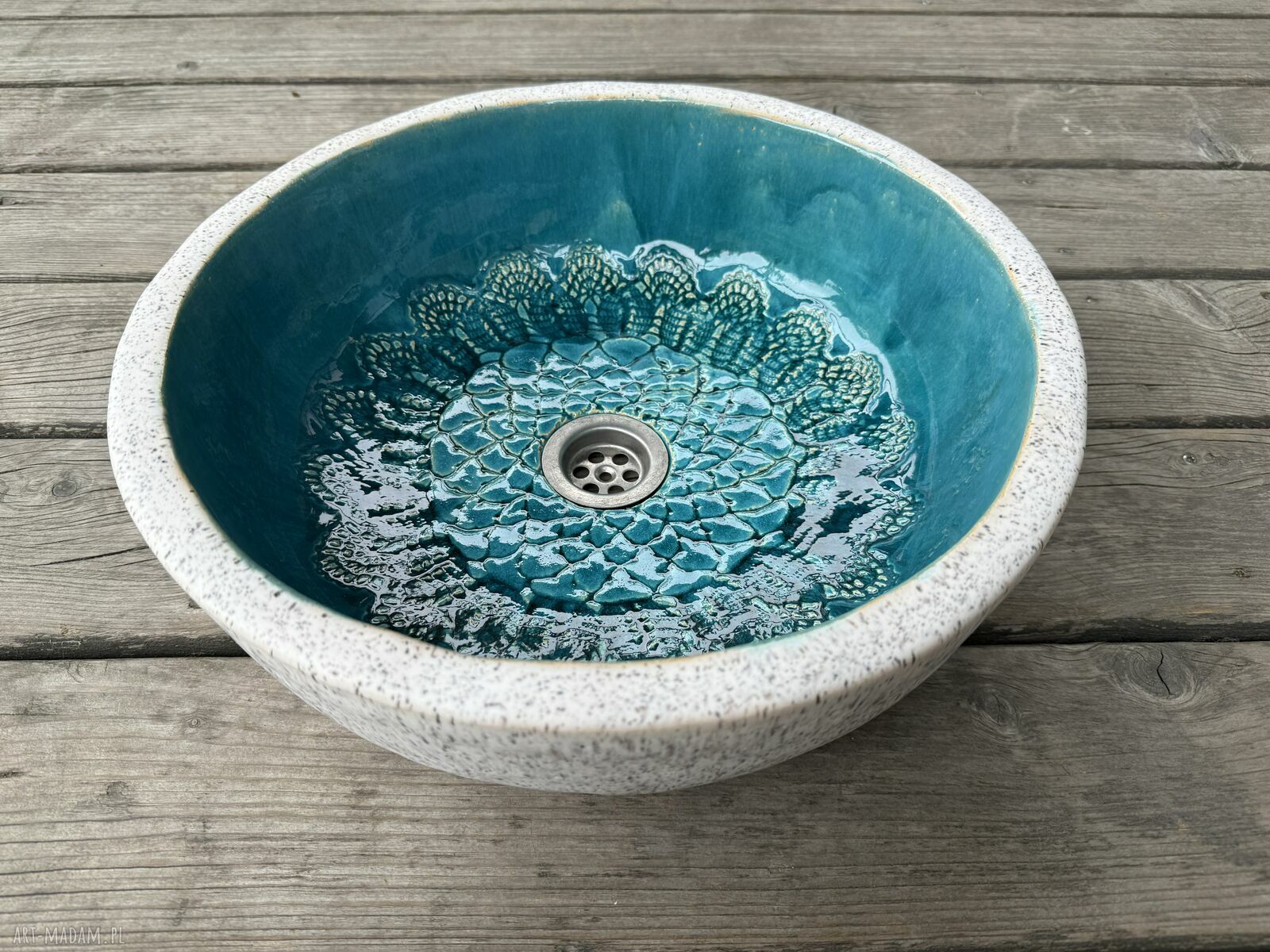 Umywalka ceramiczna nablatowa Um67 - ręcznie robiona, turkusowe wnętrze