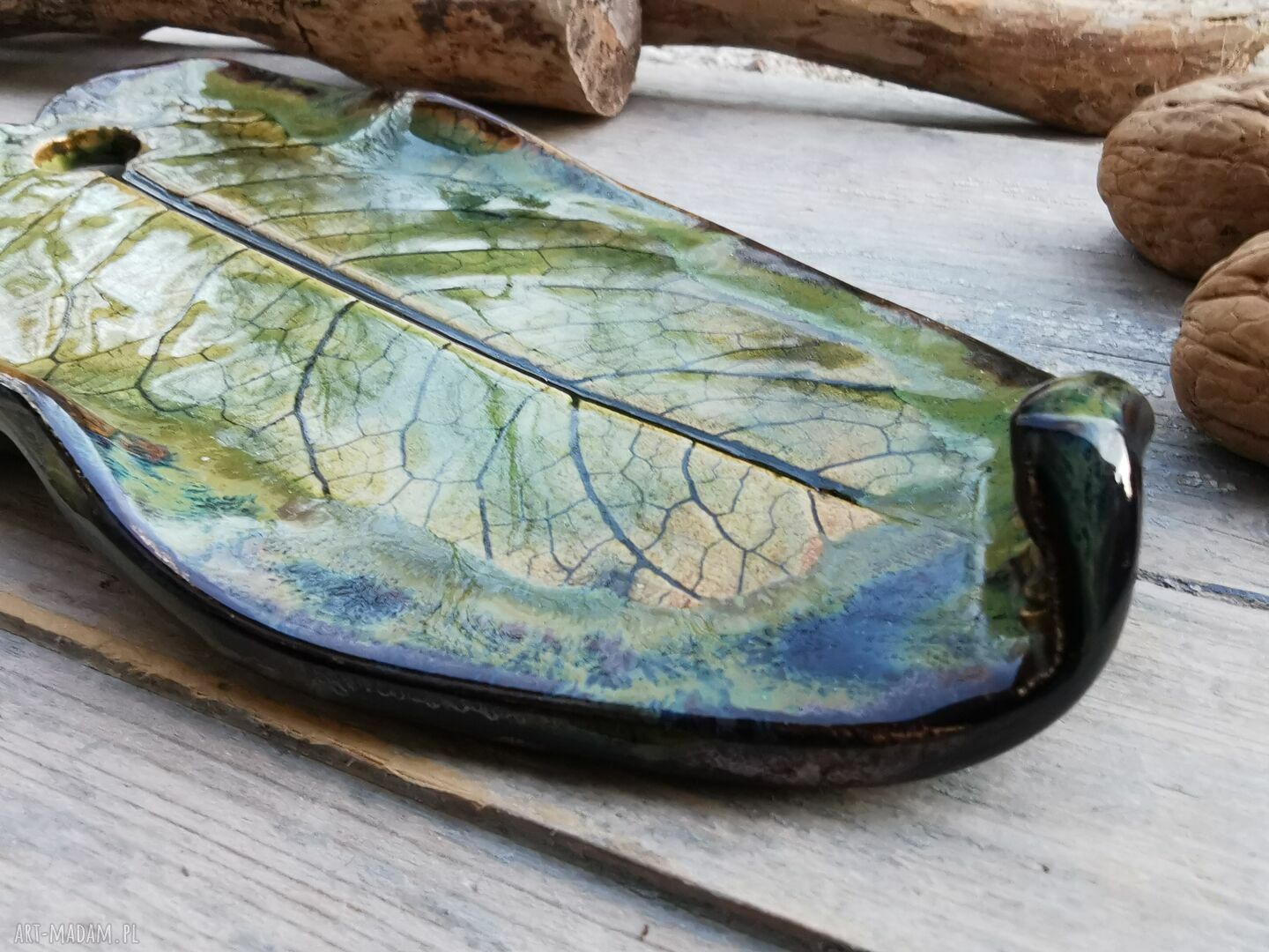 Duża ceramiczna zawieszka liść w stylu jungle - zielony brąz