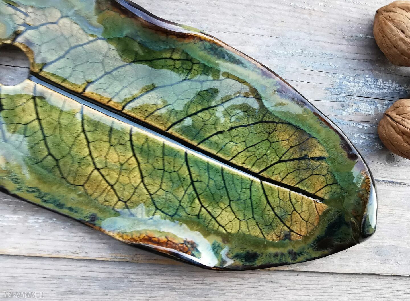 Duża ceramiczna zawieszka liść w stylu jungle - zielony brąz