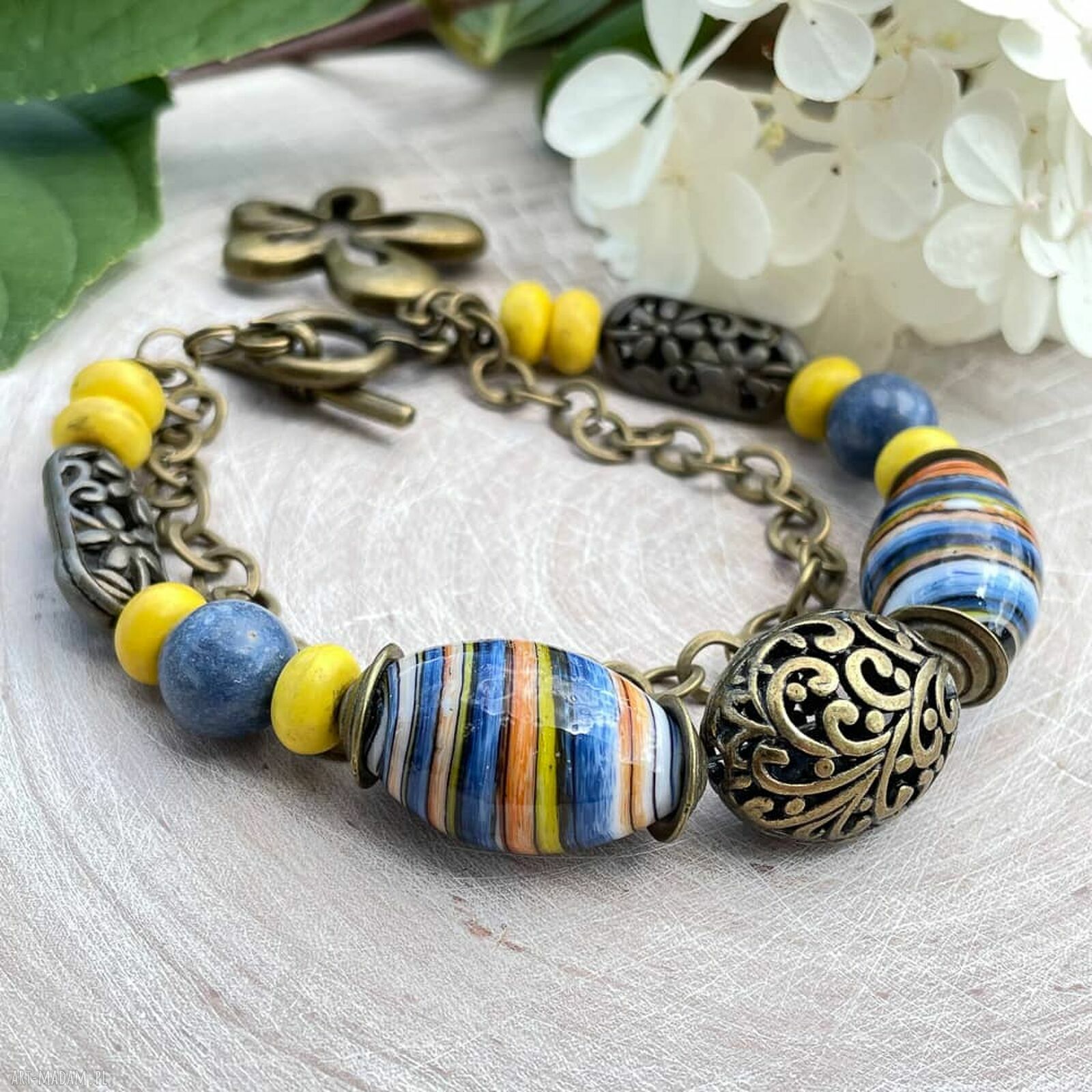 Ceramiczna bransoletka żółto-niebieska w stylu retro Herbarium Jewelry