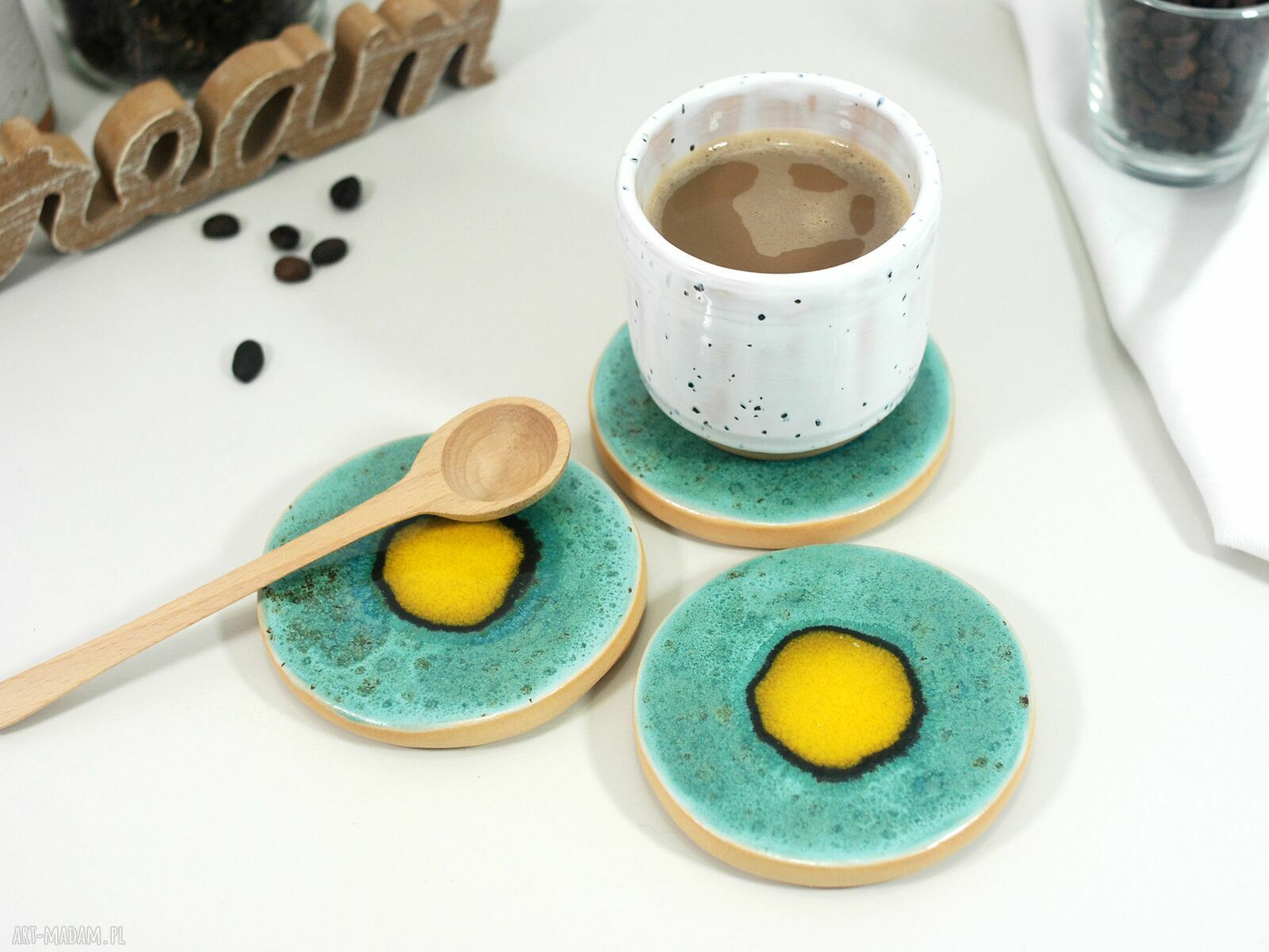 Ceramiczne podkładki pod kubek Pawie Oko - boho dodatki do kuchni