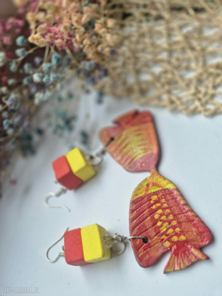 Kolczyki ceramiczne ryby - pojedyncza sztuka boho folk (Ruda Klara)