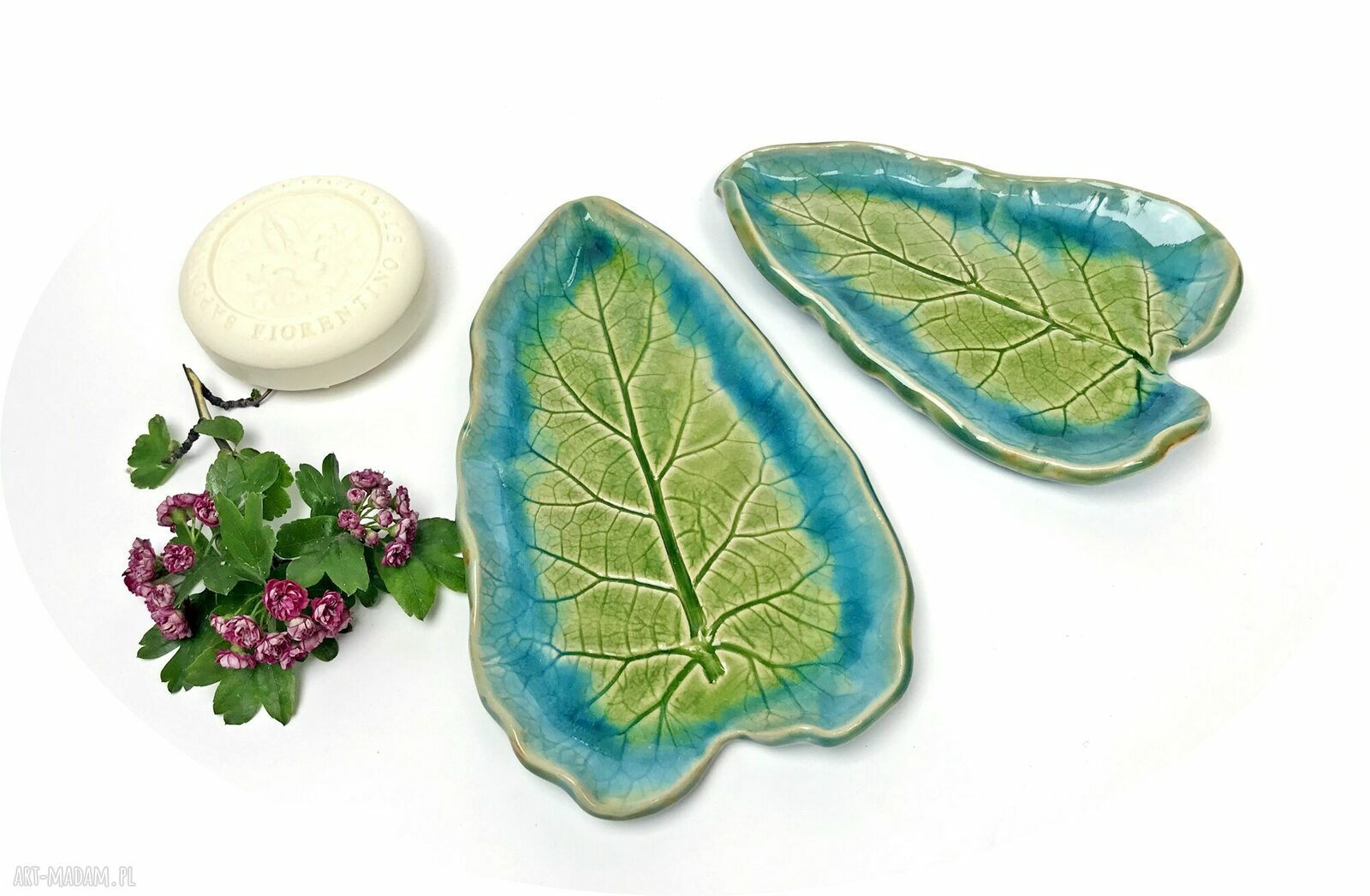 Ceramiczne mydelniczki/spodeczki "Turkusowe liście"