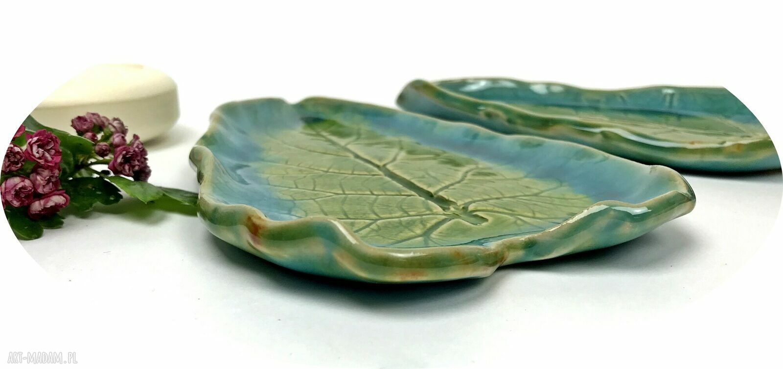Ceramiczne mydelniczki/spodeczki "Turkusowe liście"