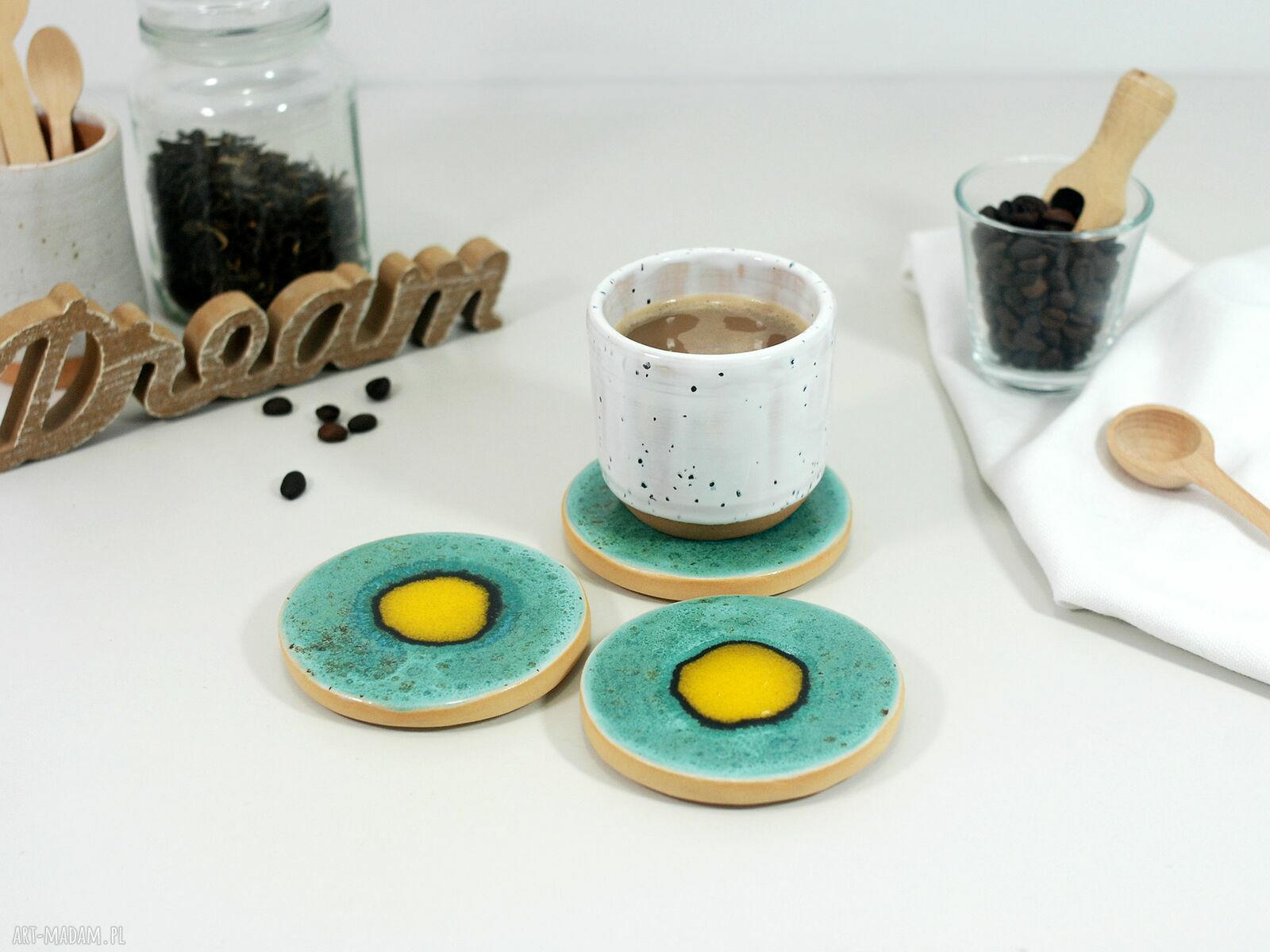 Ceramiczne podkładki pod kubek Pawie Oko - boho dodatki do kuchni