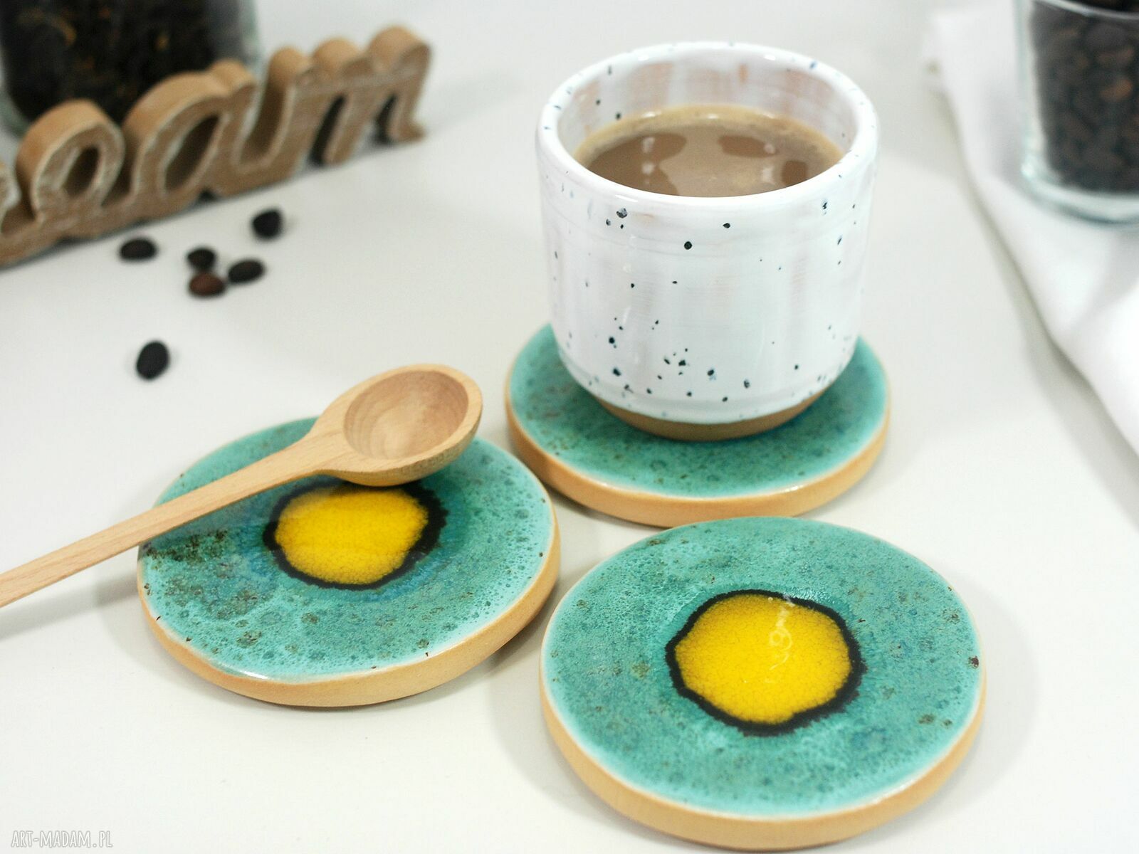 Ceramiczne podkładki pod kubek Pawie Oko - boho dodatki do kuchni