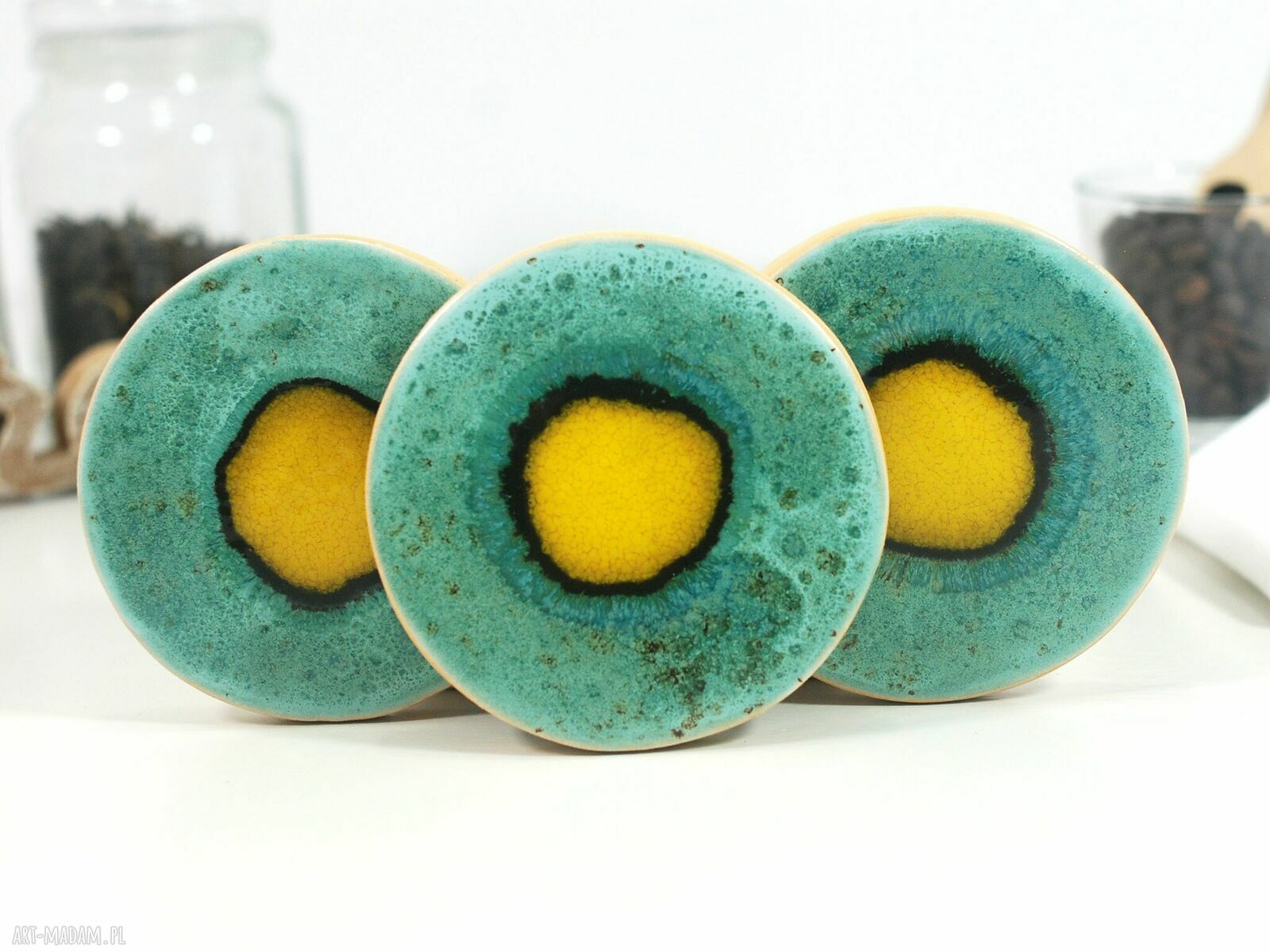 Ceramiczne podkładki pod kubek Pawie Oko - boho dodatki do kuchni