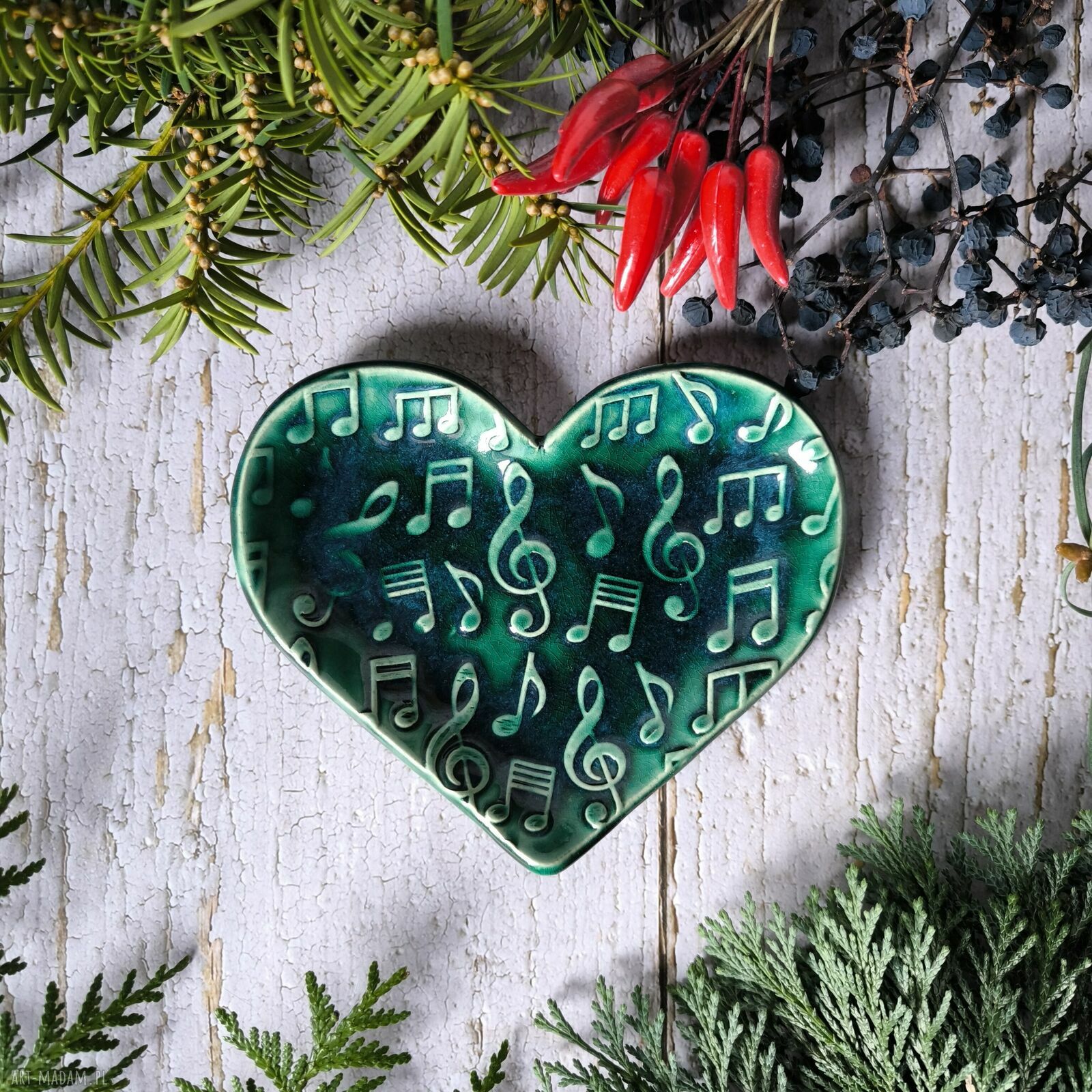 Ceramiczne serduszko z nutkami - zielone