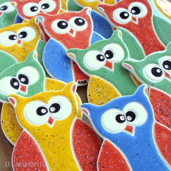 Kolorowe ceramiczne sowy handmade - zestaw 15 sztuk