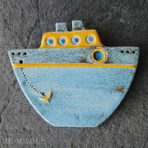 Ceramiczne statki 3 szt - 'AHOJ' - marynistyczna dekoracja wisząca handmade