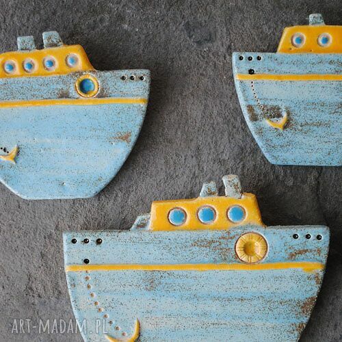 Ceramiczne statki 3 szt - 'AHOJ' - marynistyczna dekoracja wisząca handmade