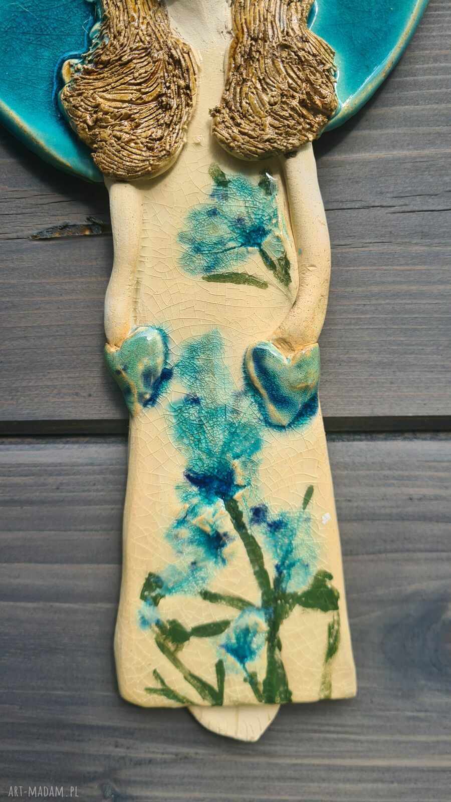Anioł ceramiczny 27 cm - handmade z jasnej gliny i błyszczącymi szkliwami