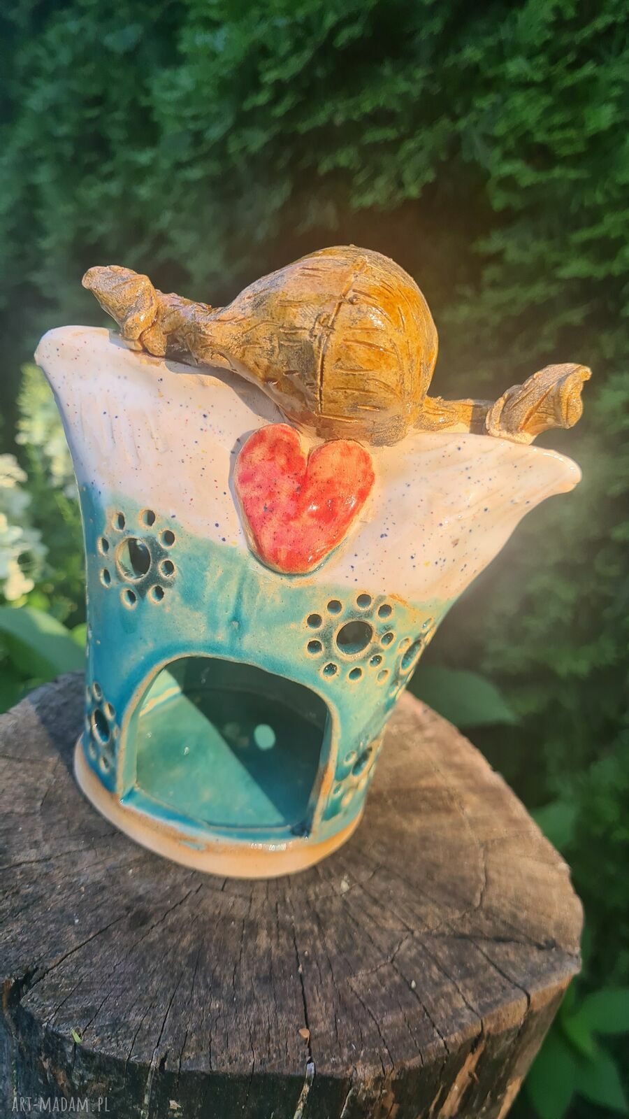 Anioł ceramiczny - lampion w turkusie 14 cm, ręcznie wykonany przez Wolna Chwila