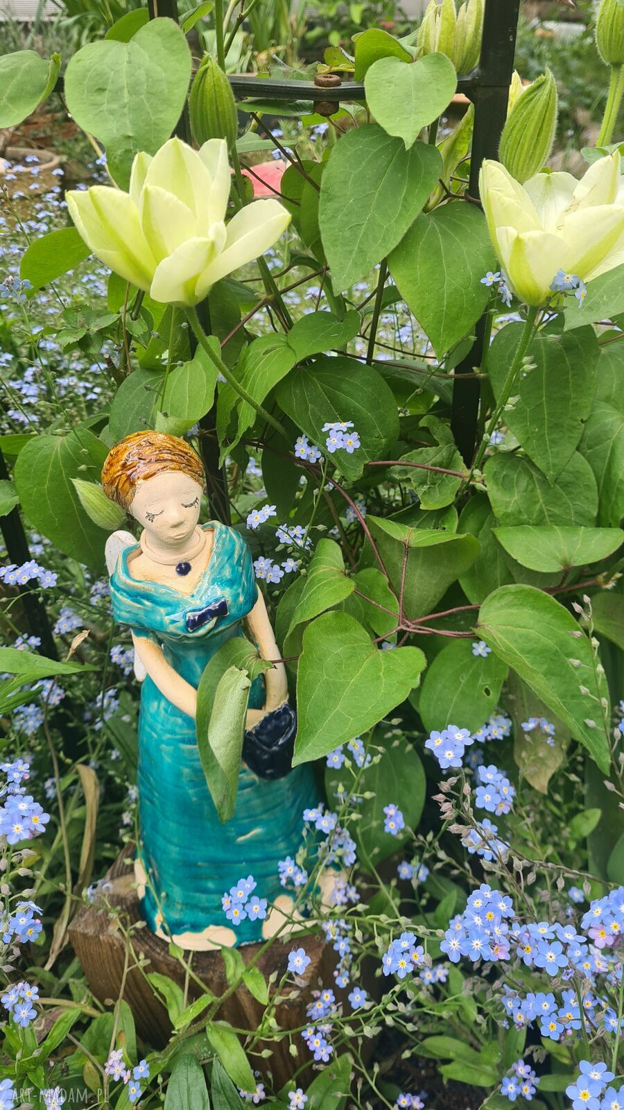 Anioł ceramiczny z torbą - turkusowa figurka handmade 26 cm