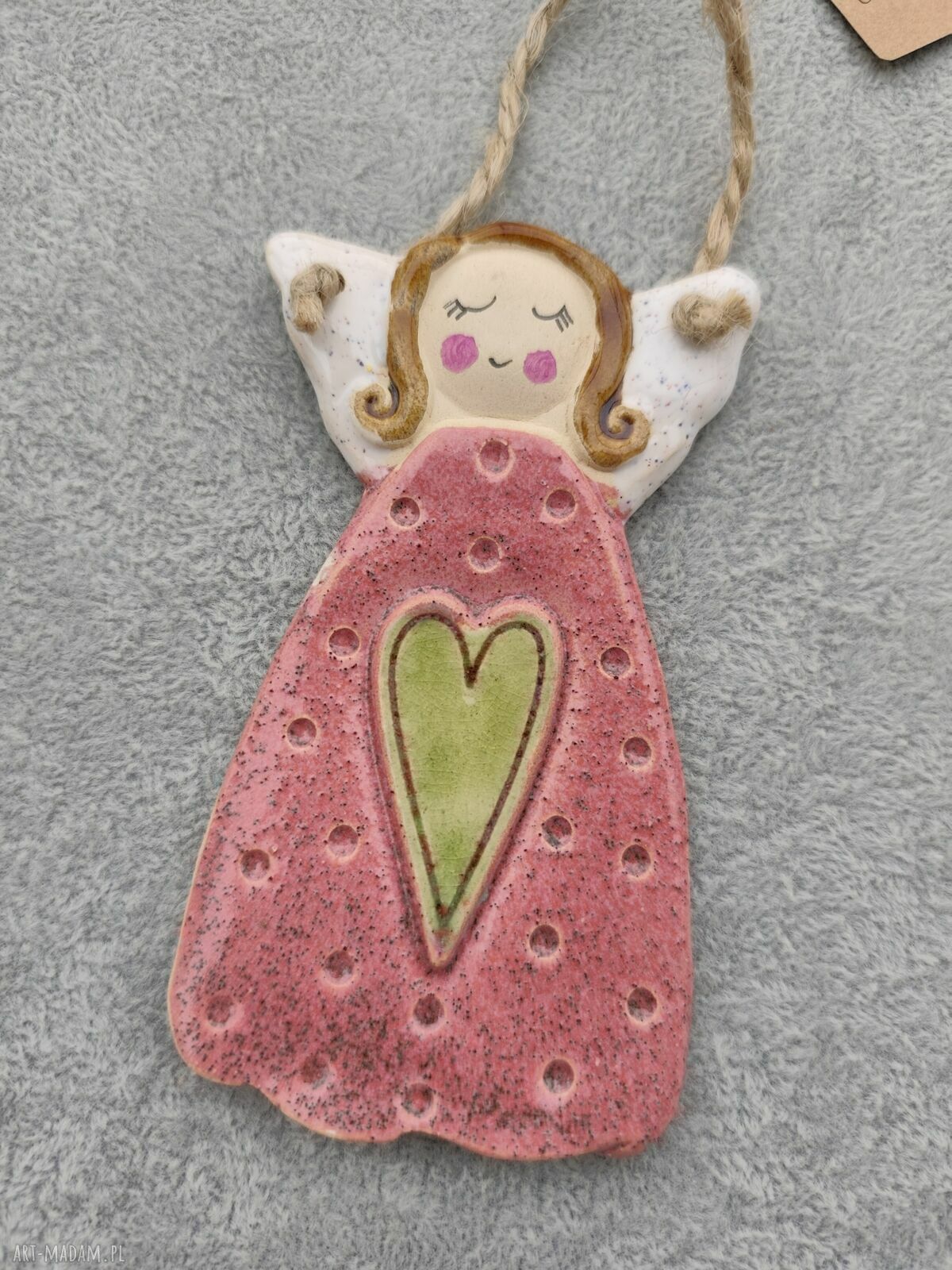 Różowy anioł ceramiczny - prezent dla niej na chrzest i komunię (ok. 13 cm)