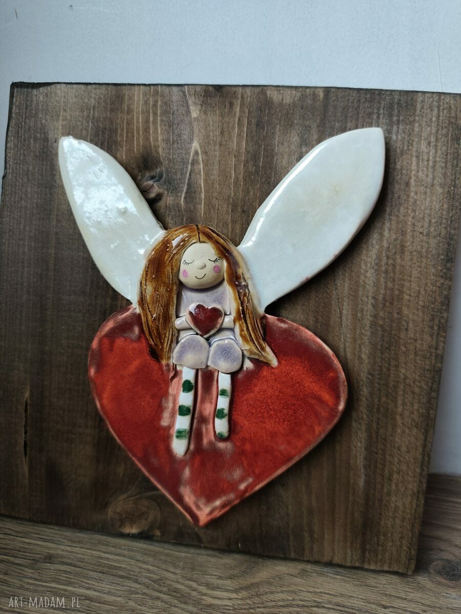 Anioł ceramiczny na desce - ręcznie robiona zawieszka (ok. 20 cm)