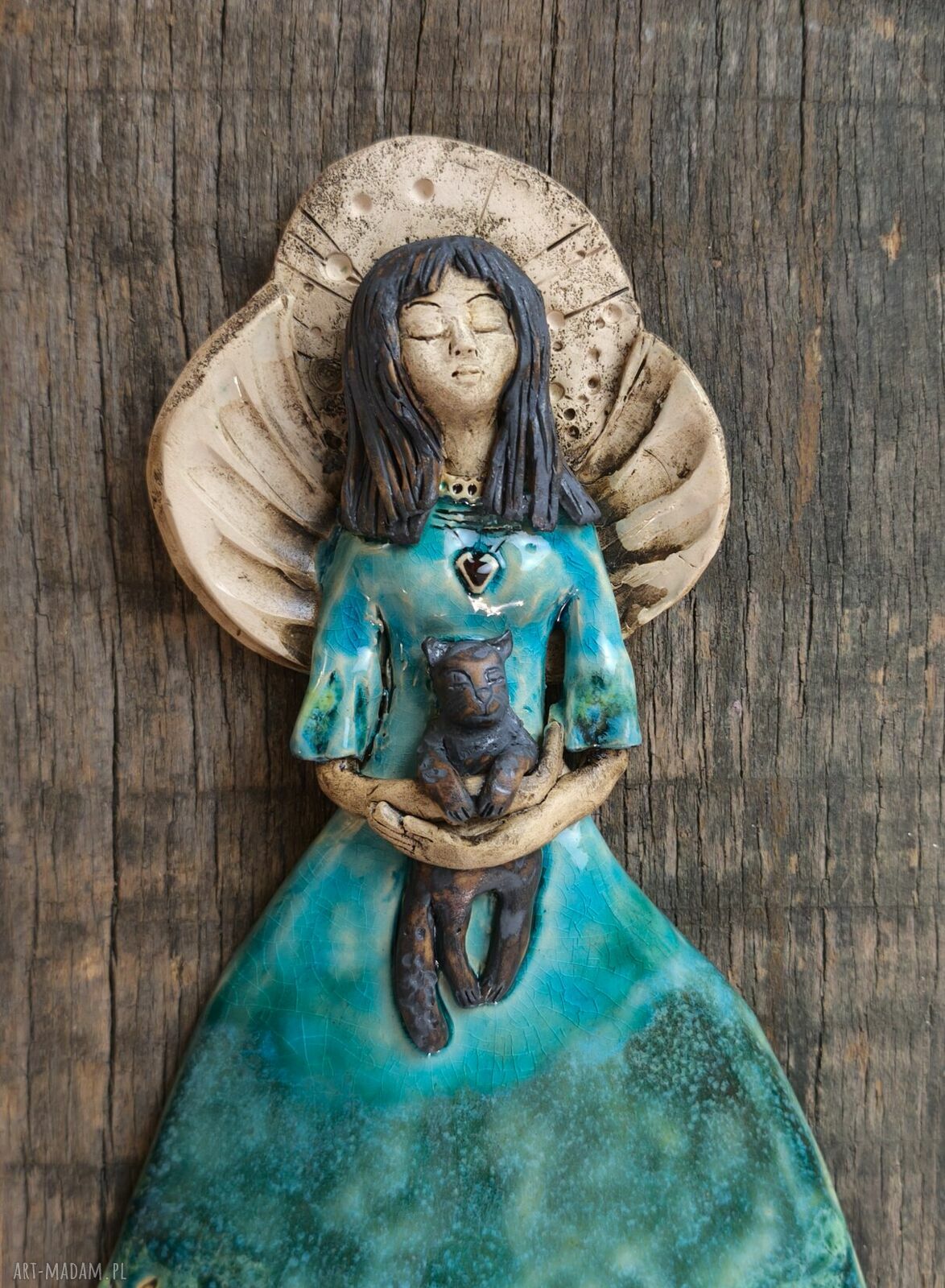 Anioł ceramiczny z kotkiem - wisząca dekoracja handmade