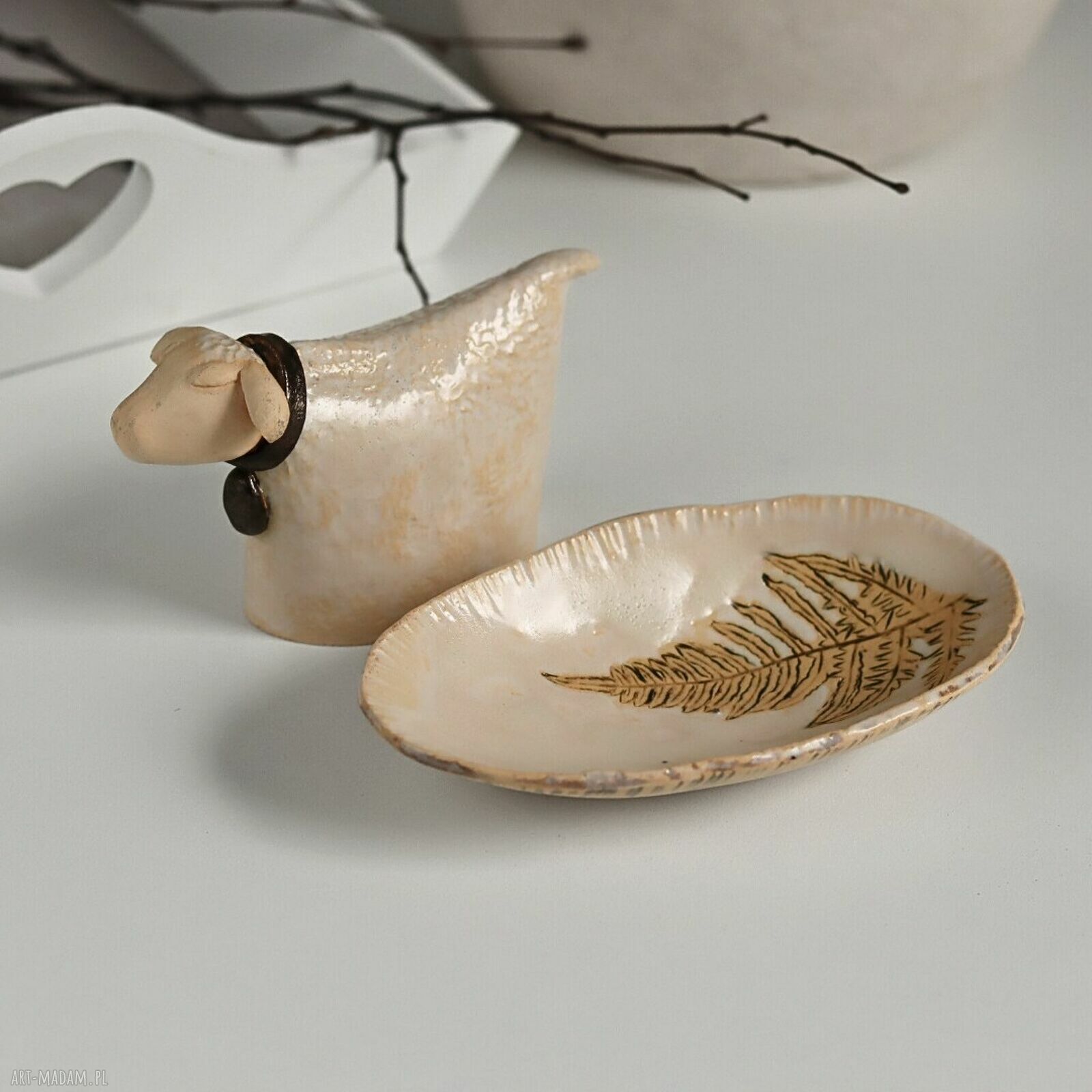 Ceramiczny baranek wielkanocny i miseczka - zestaw handmade do koszyczka