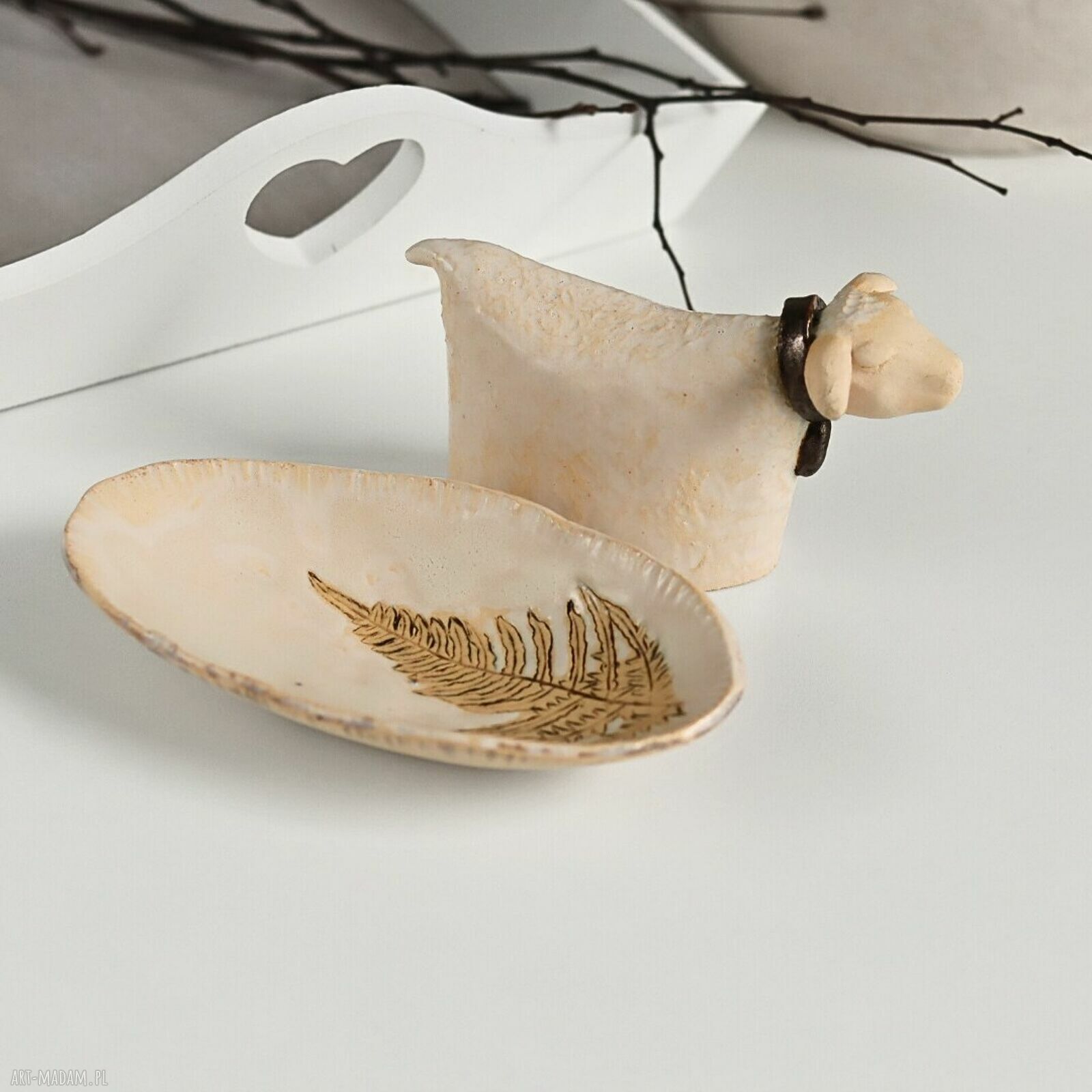 Ceramiczny baranek wielkanocny i miseczka - zestaw handmade do koszyczka