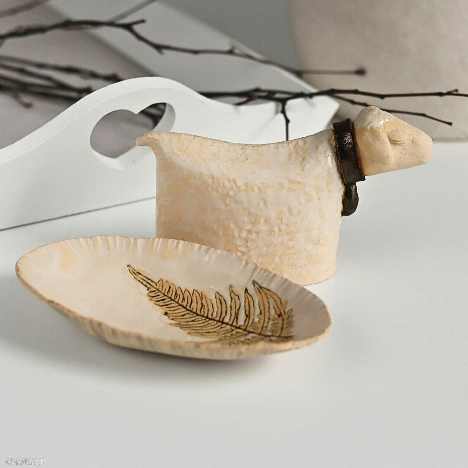 Ceramiczny baranek wielkanocny i miseczka - zestaw handmade do koszyczka