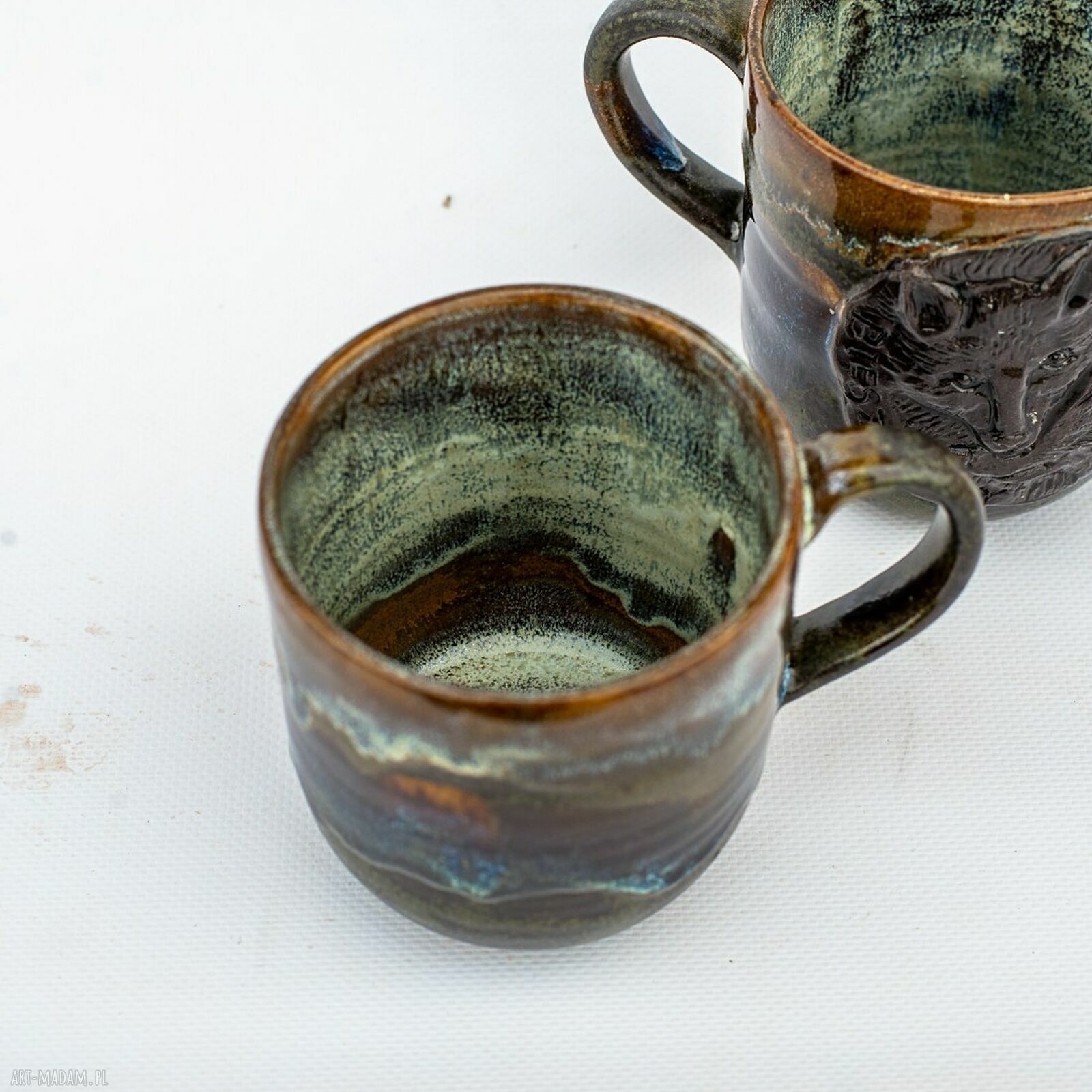 Duży kubek ceramiczny z wilkiem Bieszczady 450 ml - brąz mat