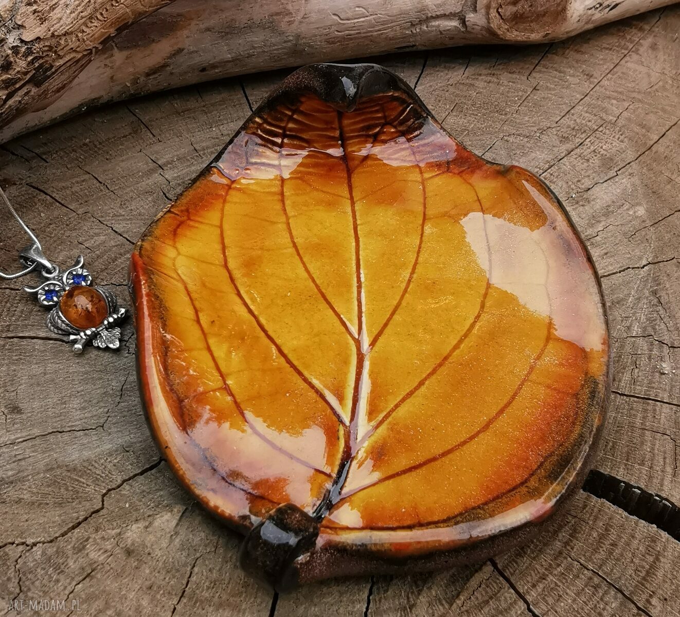 Jesienny ceramiczny listek - talerzyk i podstawka handmade (c365)