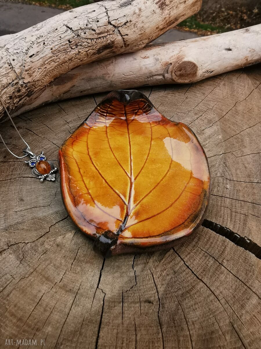 Jesienny ceramiczny listek - talerzyk i podstawka handmade (c365)