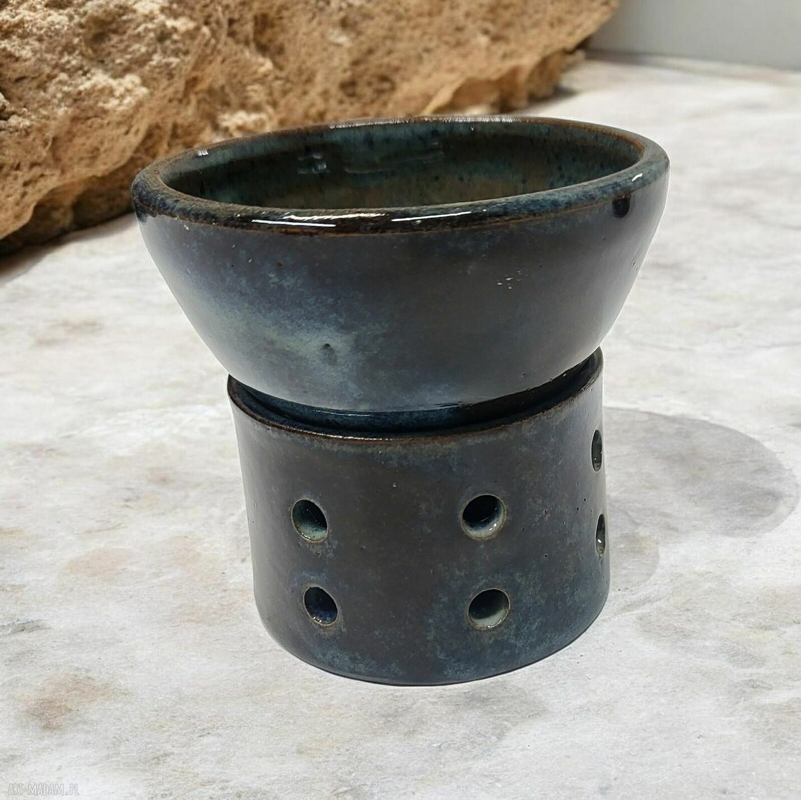 Ceramiczny kominek do aromaterapii na świeczkę w brązowo-niebieskich odcieniach