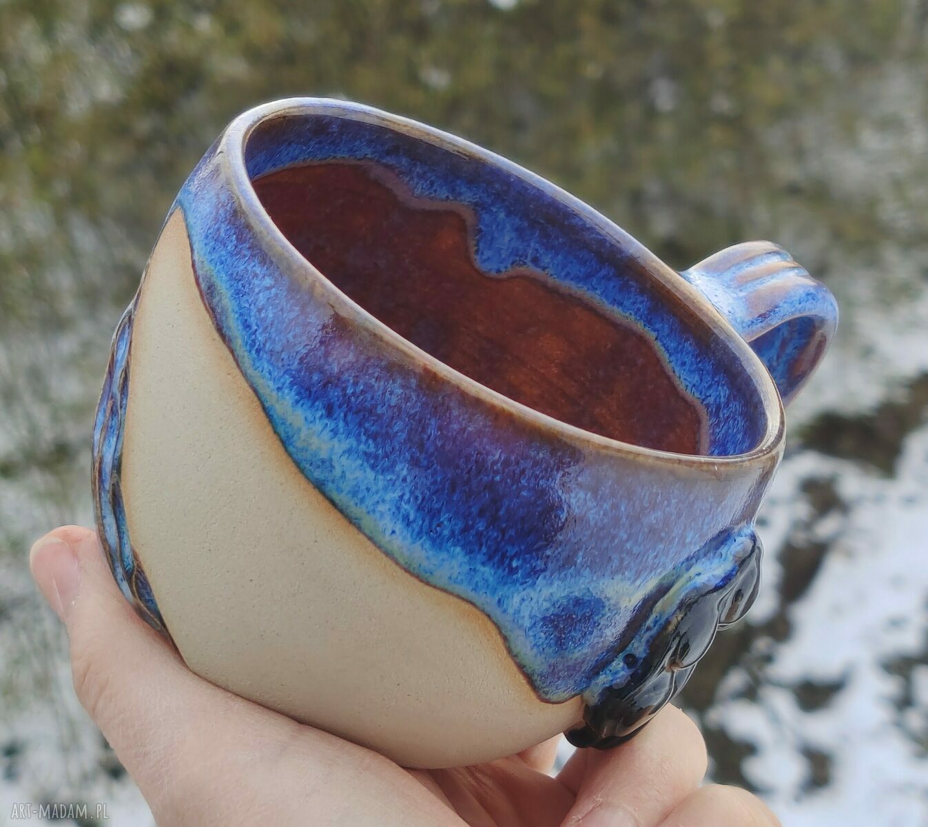 Ceramiczny komplet kubek z talerzykiem psia łapka - ręcznie rzeźbiona kamionka