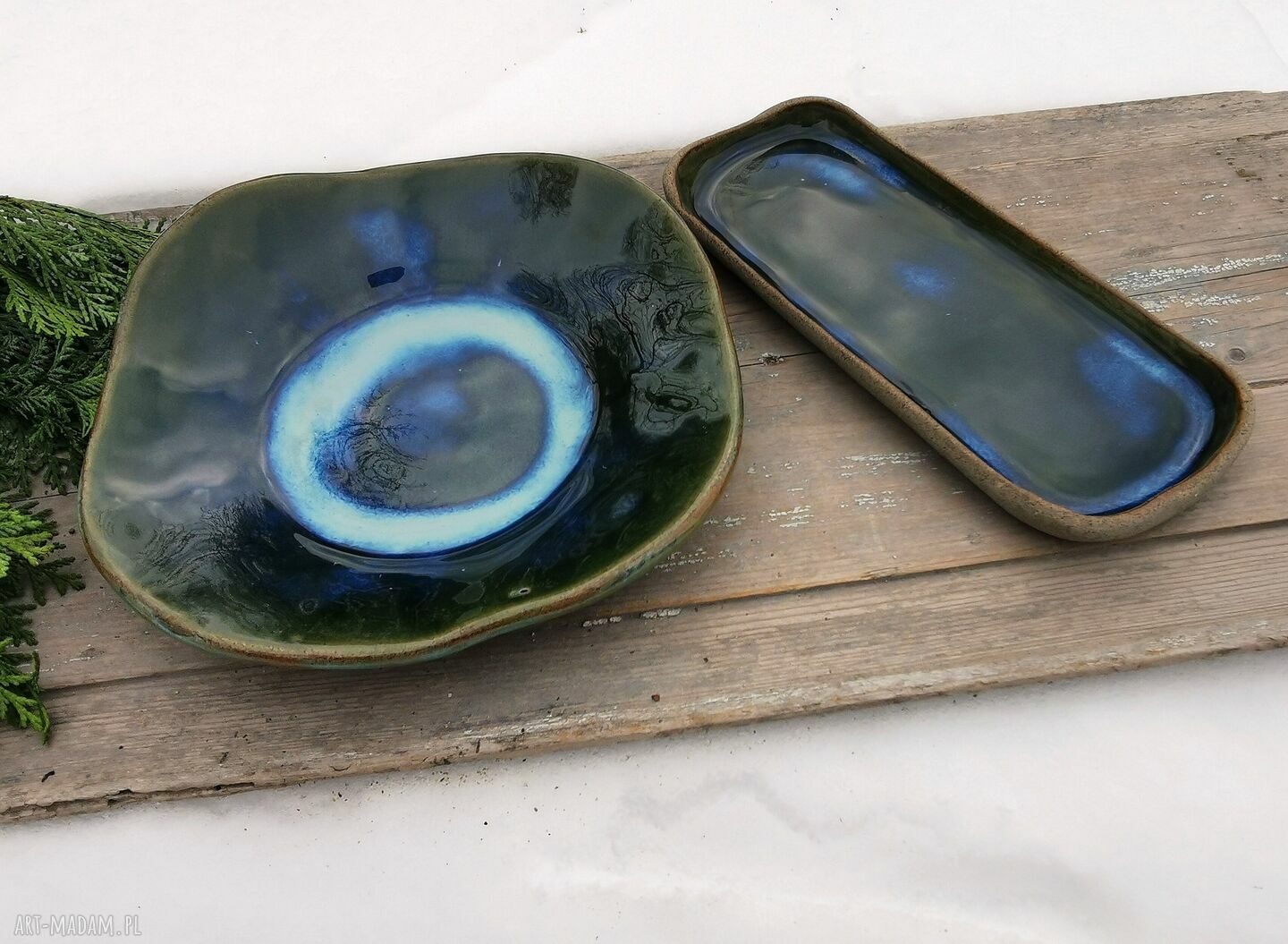 Ceramiczny komplet do serwowania potraw C419 - misa i podłużny talerz z kamionki
