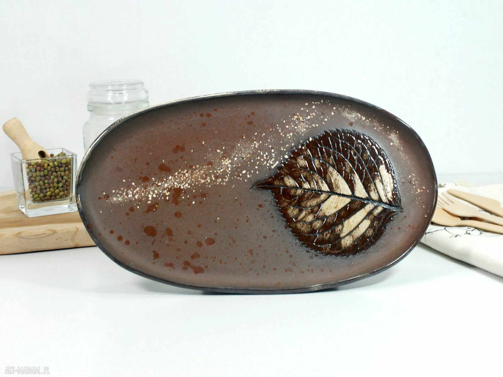 Ceramiczny komplet do serwowania sushi, dań i przekąsek - 3 misy z motywem liści + stojaki