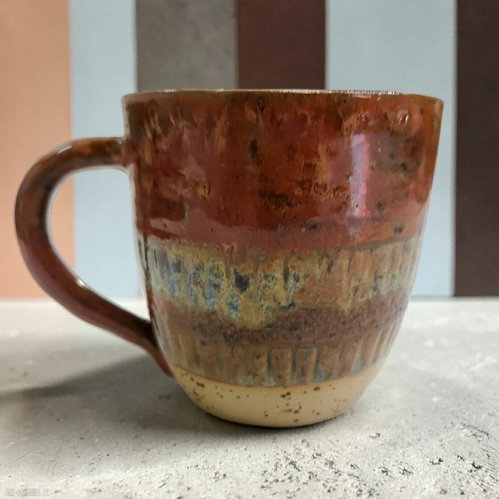 Ceramiczny kubek 290 ml toczony ręcznie w odcieniach niebieskiego i miedzianego