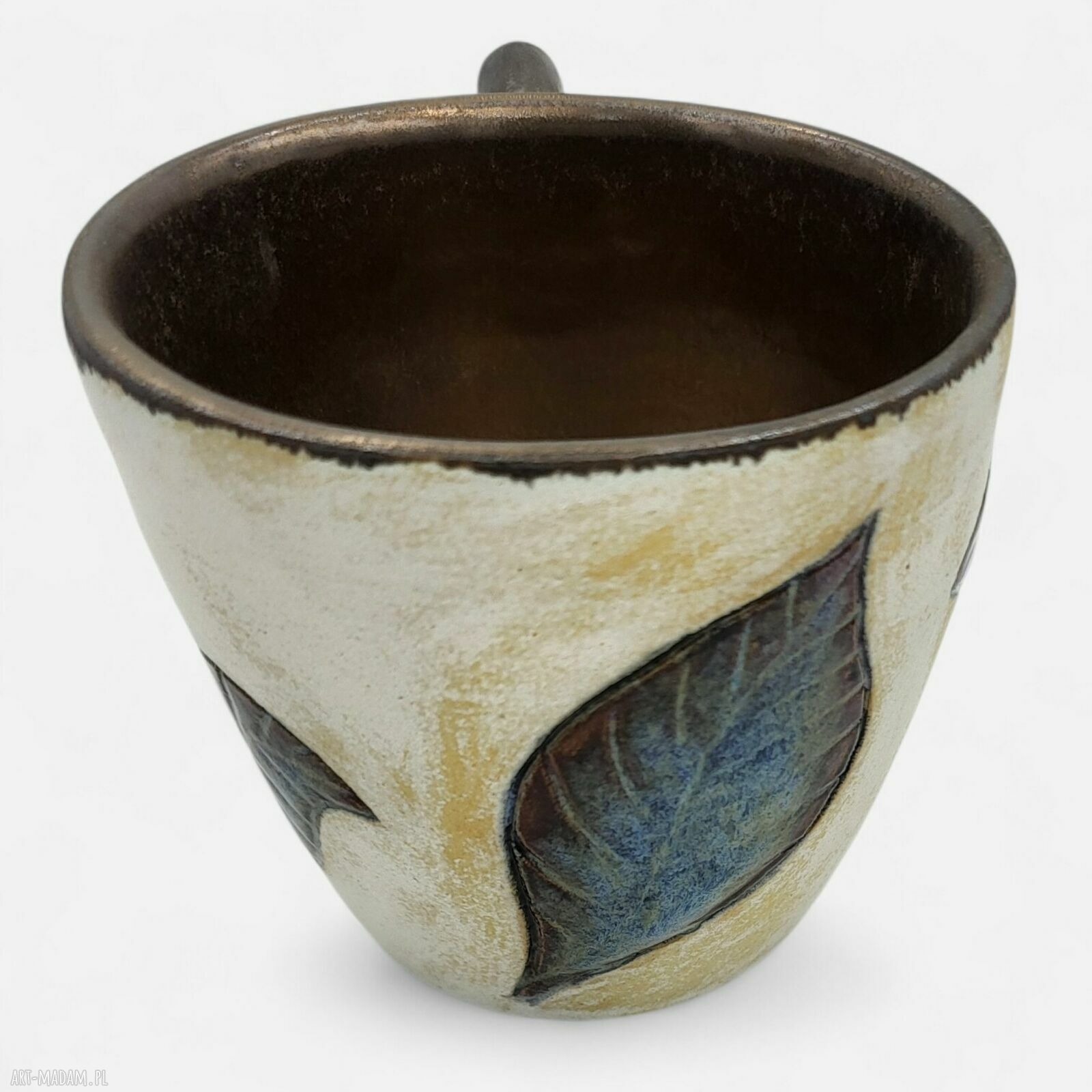 Ceramiczny kubek 250 ml dla niej - biel, złoto i niebieskie liście