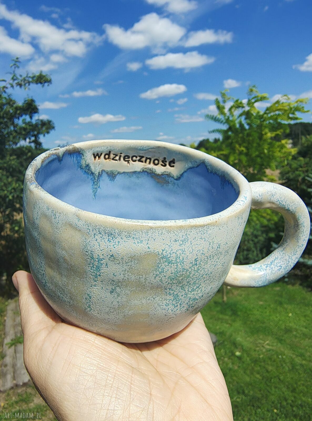 Kubek ceramiczny handmade z gliny 250 ml „wdzięczność” - błękit i beż