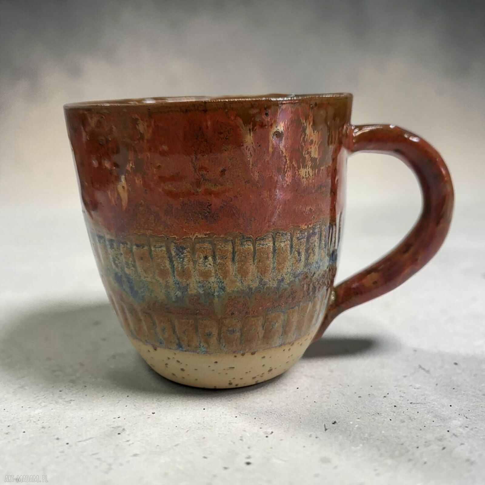 Ceramiczny kubek 290 ml toczony ręcznie w odcieniach niebieskiego i miedzianego