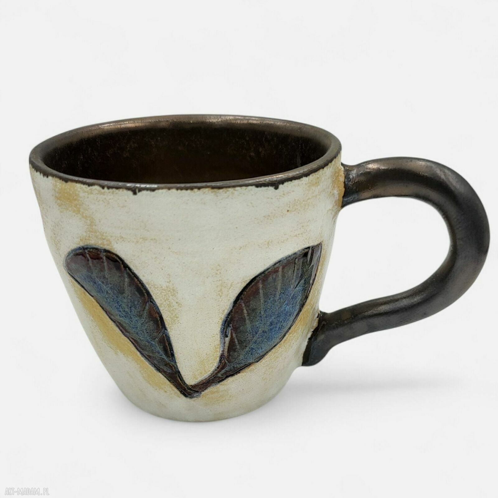 Ceramiczny kubek 250 ml dla niej - biel, złoto i niebieskie liście
