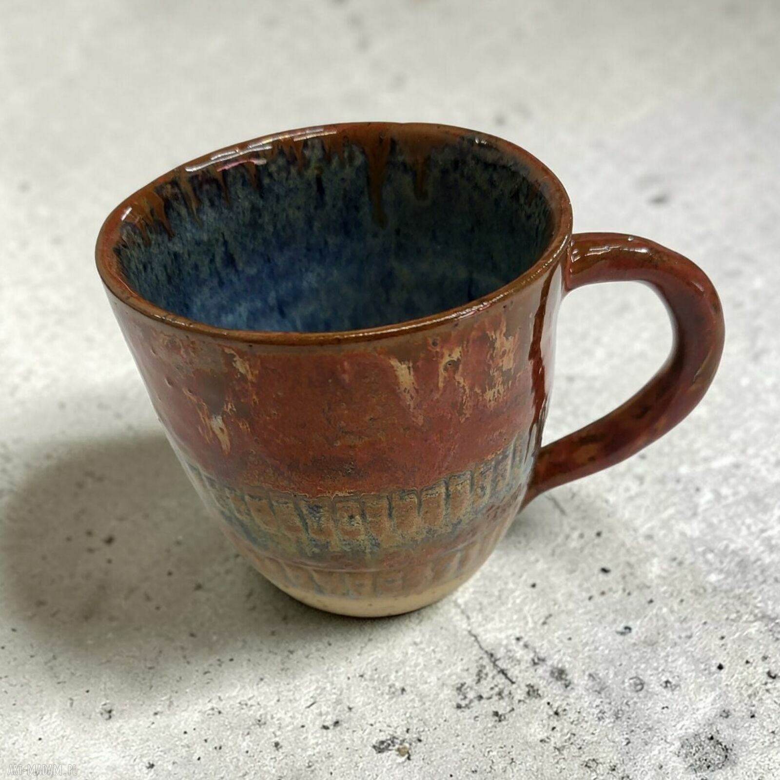 Ceramiczny kubek 290 ml toczony ręcznie w odcieniach niebieskiego i miedzianego