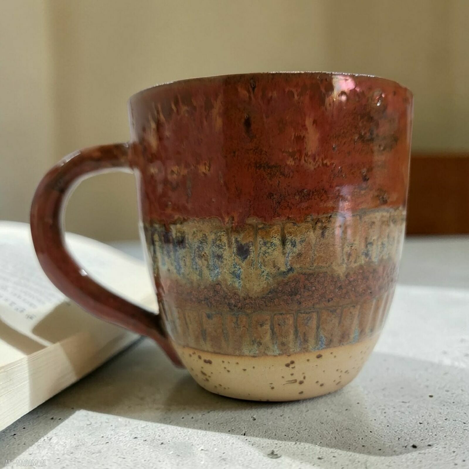 Ceramiczny kubek 290 ml toczony ręcznie w odcieniach niebieskiego i miedzianego