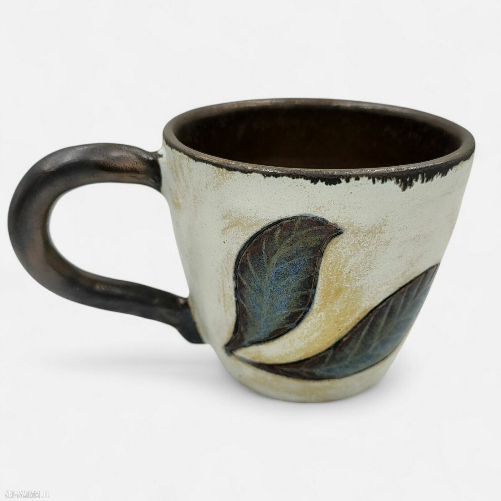 Ceramiczny kubek 250 ml dla niej - biel, złoto i niebieskie liście