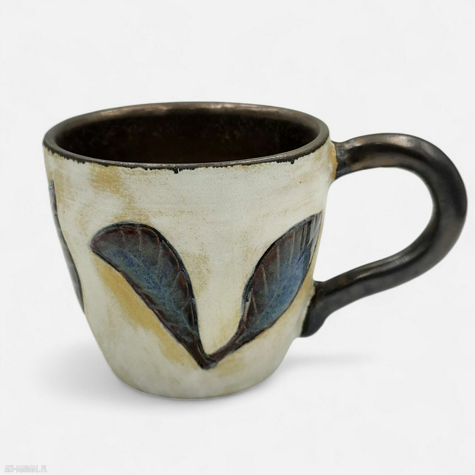 Ceramiczny kubek 250 ml dla niej - biel, złoto i niebieskie liście