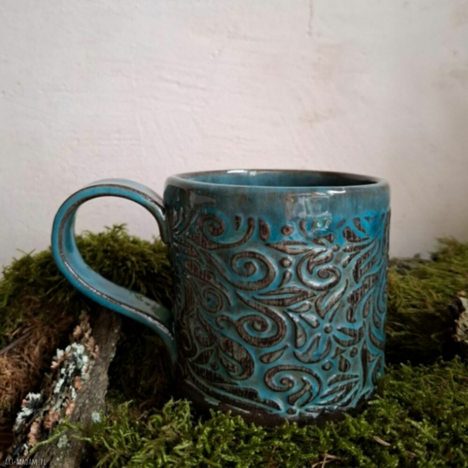 Kubek ceramiczny z wzorem - turkusowe wnętrze